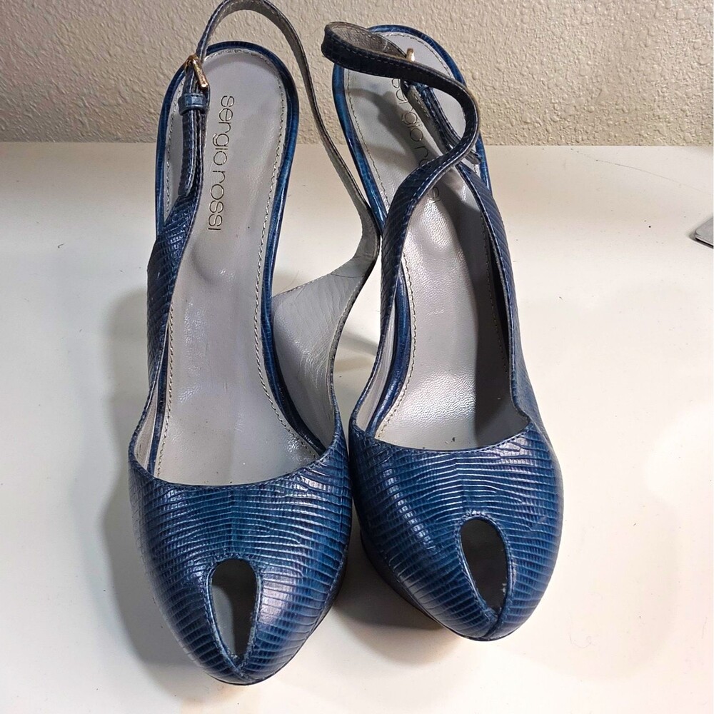 Sergio Rossi Blue Leather Slingback Platform Peep Toe Stiletto Heels 7/37